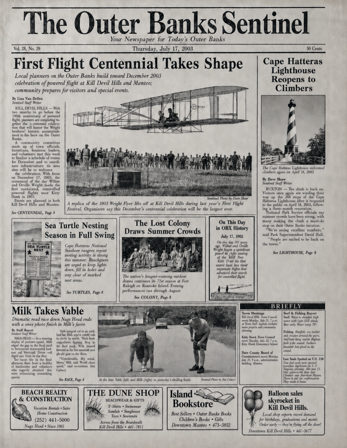 The Great OBX Race Outer Banks Sentinel newspaper front page featuring Milk Takes Vable, Billy Vable and Josh Bunkers